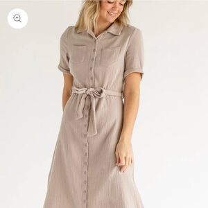 Button-Front Midi Shirt Dress in Taupe